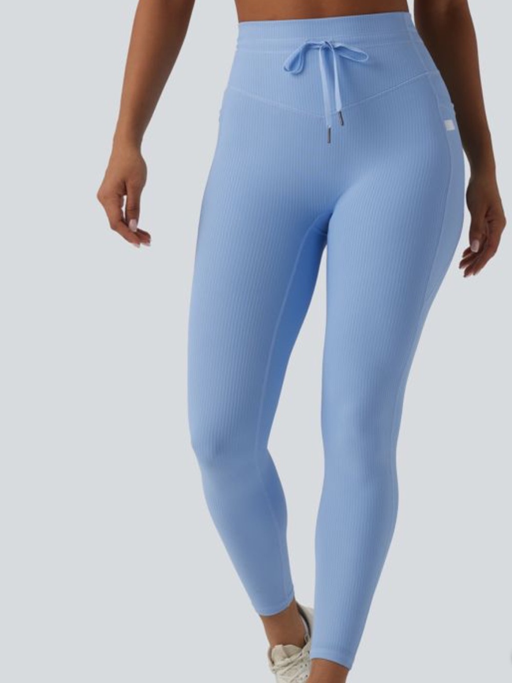 Halara Womn M Blue Ribbed Knit High Waisted Drawstring Leggings With Pockets NWT